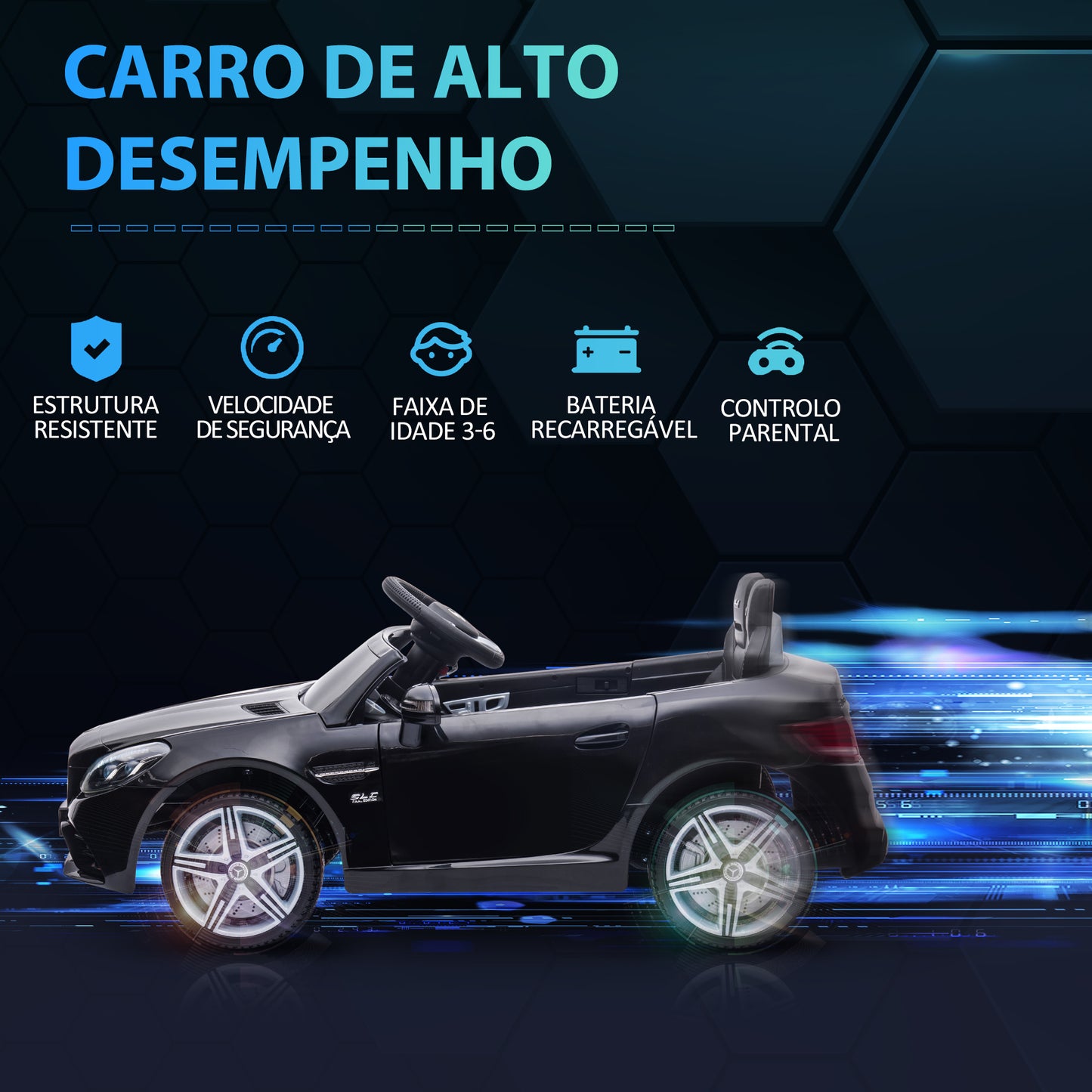 AIYAPLAY Carro Elétrico Mercedes SLC 300 12V para Crianças de 3-6 Anos com Controlo Remoto Faróis LED Buzina Música TF USB e Abertura da Porta 3-5km/h 107x62,5x44 cm Preto