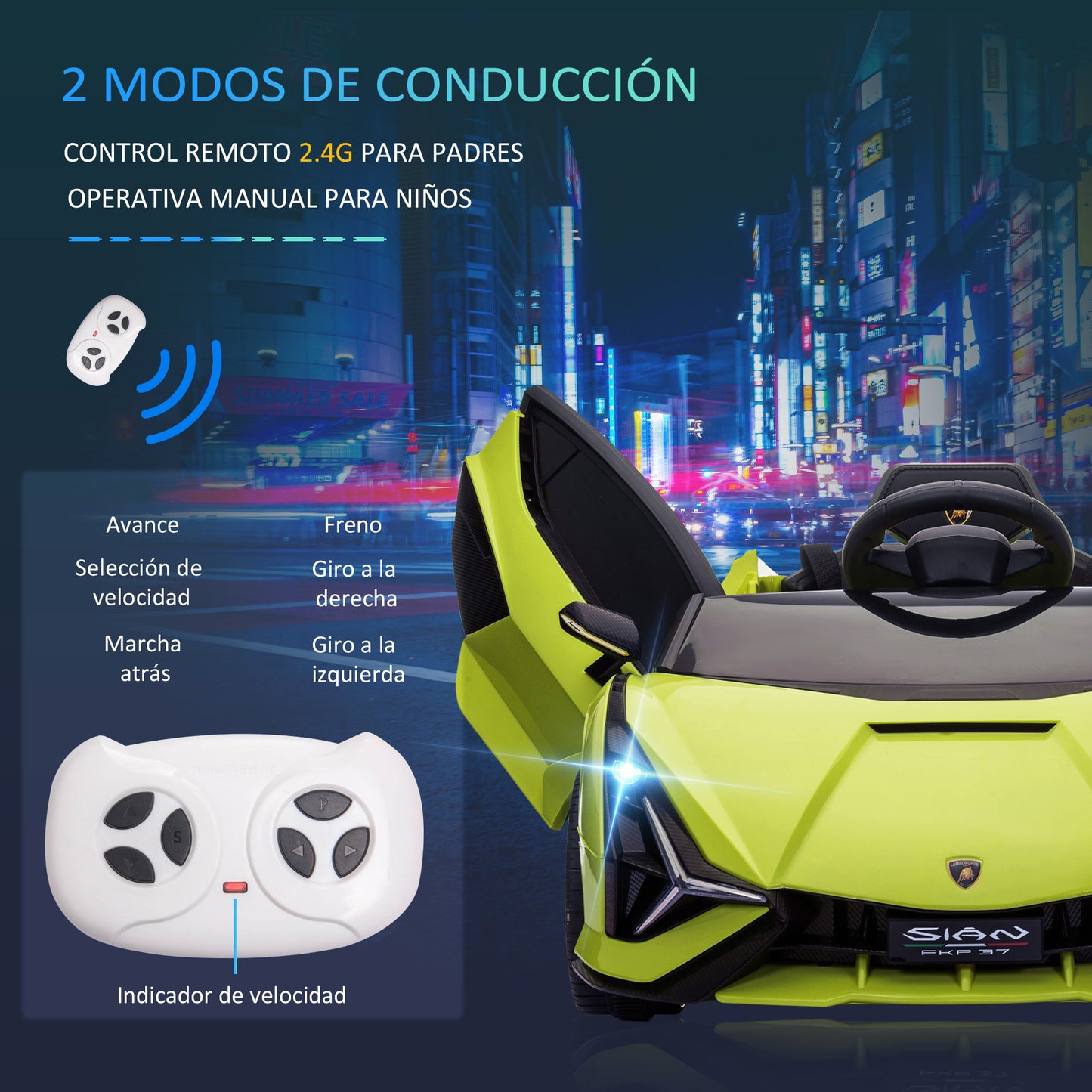 HOMCOM Carro Elétrico Lamborghini SIAN 12V para Crianças acima de 3 Anos com Controle Remoto Abertura da Porta Música MP3 USB e Faróis 108x62x40cm Verde