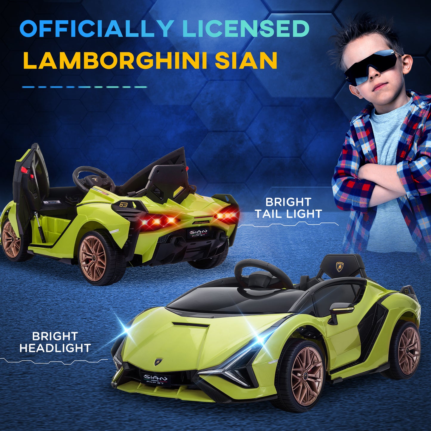 HOMCOM Carro Elétrico Lamborghini SIAN 12V para Crianças acima de 3 Anos com Controle Remoto Abertura da Porta Música MP3 USB e Faróis 108x62x40cm Verde