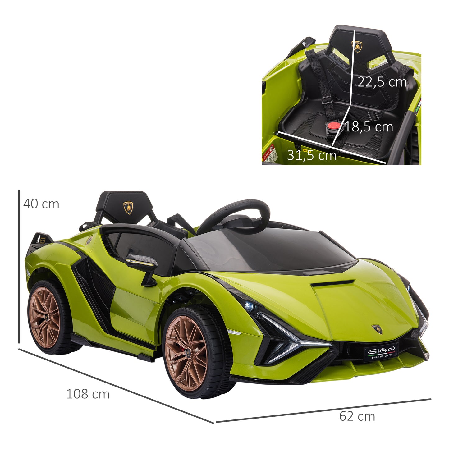 HOMCOM Carro Elétrico Lamborghini SIAN 12V para Crianças acima de 3 Anos com Controle Remoto Abertura da Porta Música MP3 USB e Faróis 108x62x40cm Verde