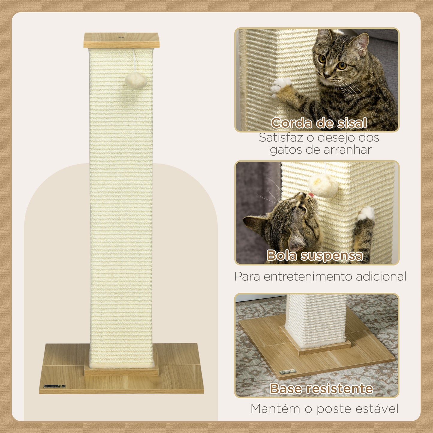 PawHut Poste Arranhador para Gatos Arranhador para Gatos de 80cm Árvore Arranhador para Gatos com Poste de Sisal e Bola Suspensa para Interior 38x38x80cm Carvalho