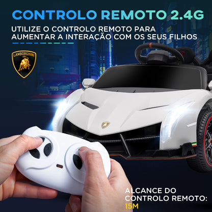 HOMCOM Carro Elétrico Lamborghini para Crianças de 3 a 6 Anos Carro a Bateria 12V Velocidade Máxima 7 km/h com Controlo Remoto MP3 Luzes e Cinto de Segurança 111x61x45 cm Branco