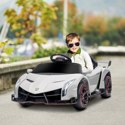 HOMCOM Carro Elétrico Lamborghini para Crianças de 3 a 6 Anos Carro a Bateria 12V Velocidade Máxima 7 km/h com Controlo Remoto MP3 Luzes e Cinto de Segurança 111x61x45 cm Branco