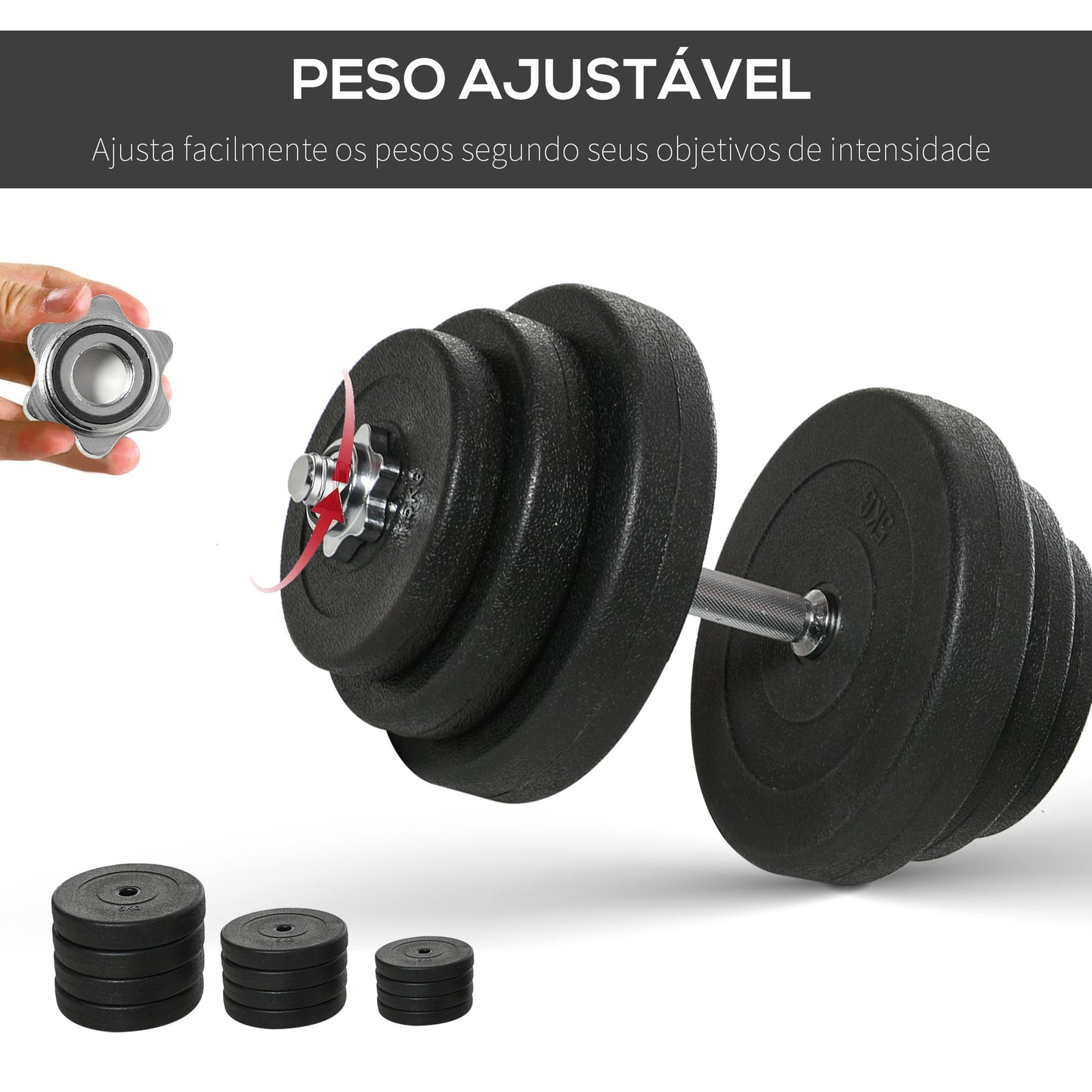 HOMCOM Conjunto de Halteres Pesos Fitness 40kg Ajustável Musculação com Barra de Aço e Discos para Ginásio Casa Preto e Prata