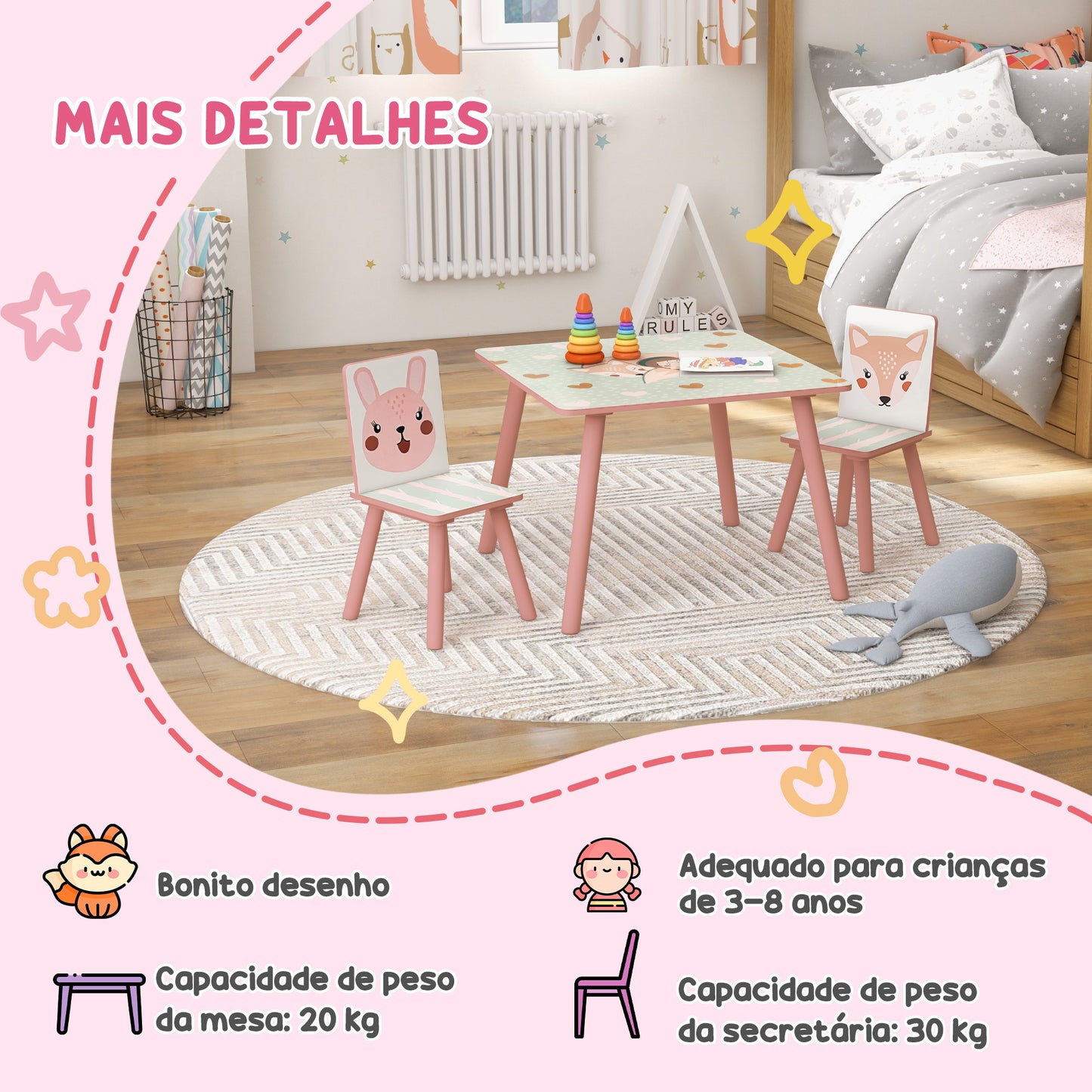 ZONEKIZ Conjunto de Mesa e Cadeiras para Crianças de 3 Peças Mesa Infantil com 2 Cadeiras Conjunto de Móveis para Atividades com Crianças de 3-8 Anos para Dormitório Sala de Jogos Rosa