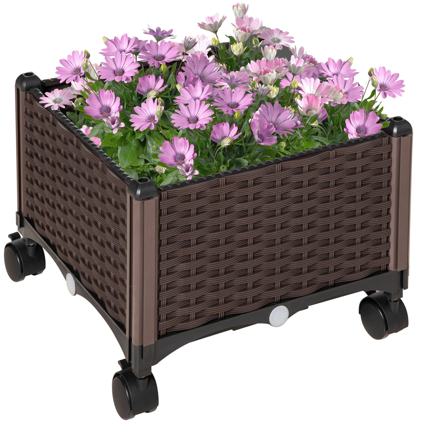 Outsunny Floreira de Plástico Quadrada com 4 Rodas Floreira de Jardim com Orifícios de Drenagem para Cultivo de Plantas em Exterior Pátio Terraço 40x40x31,5cm Marrom