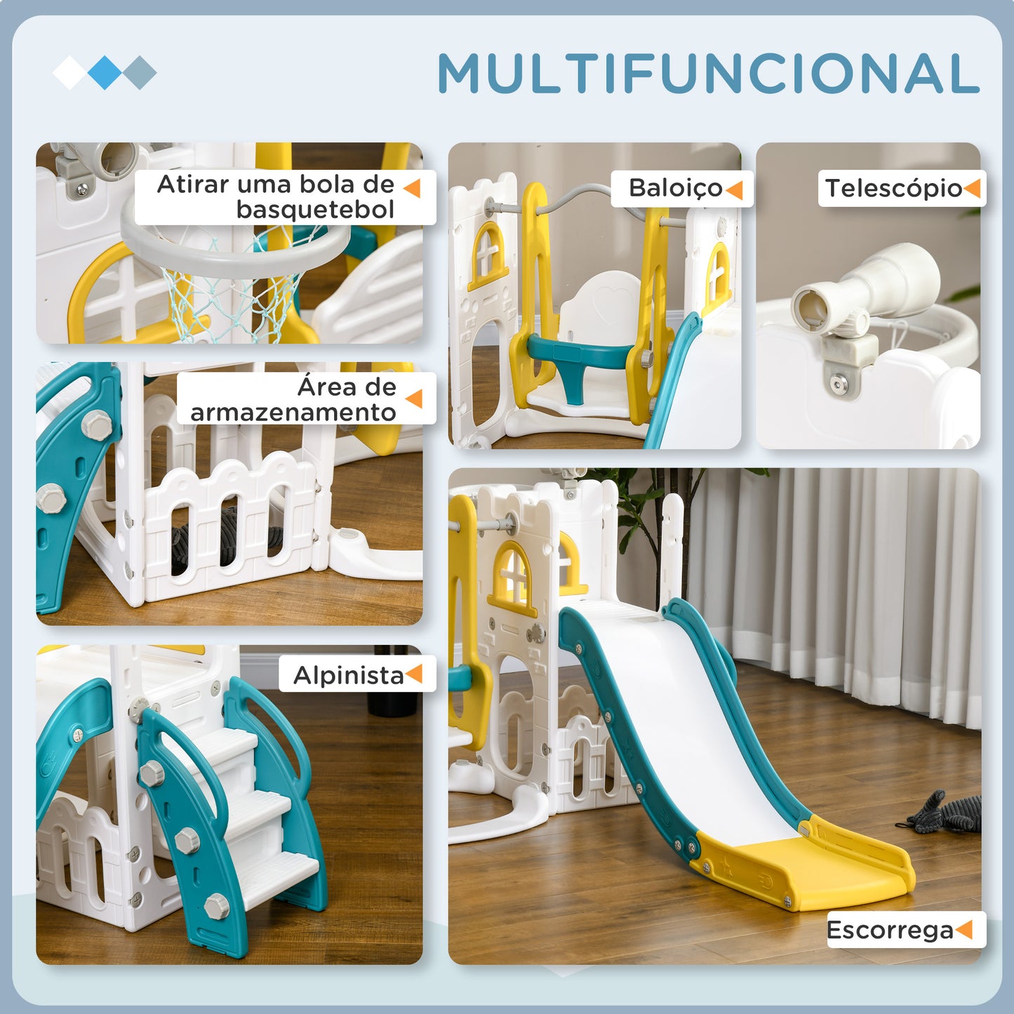 AIYAPLAY Escorrega Infantil 6 em 1 Parque para Crianças com Baloiço e Escorrega Telescópio Tabela de Basquetebol Espaço de Armazenamento para Interior Multicor