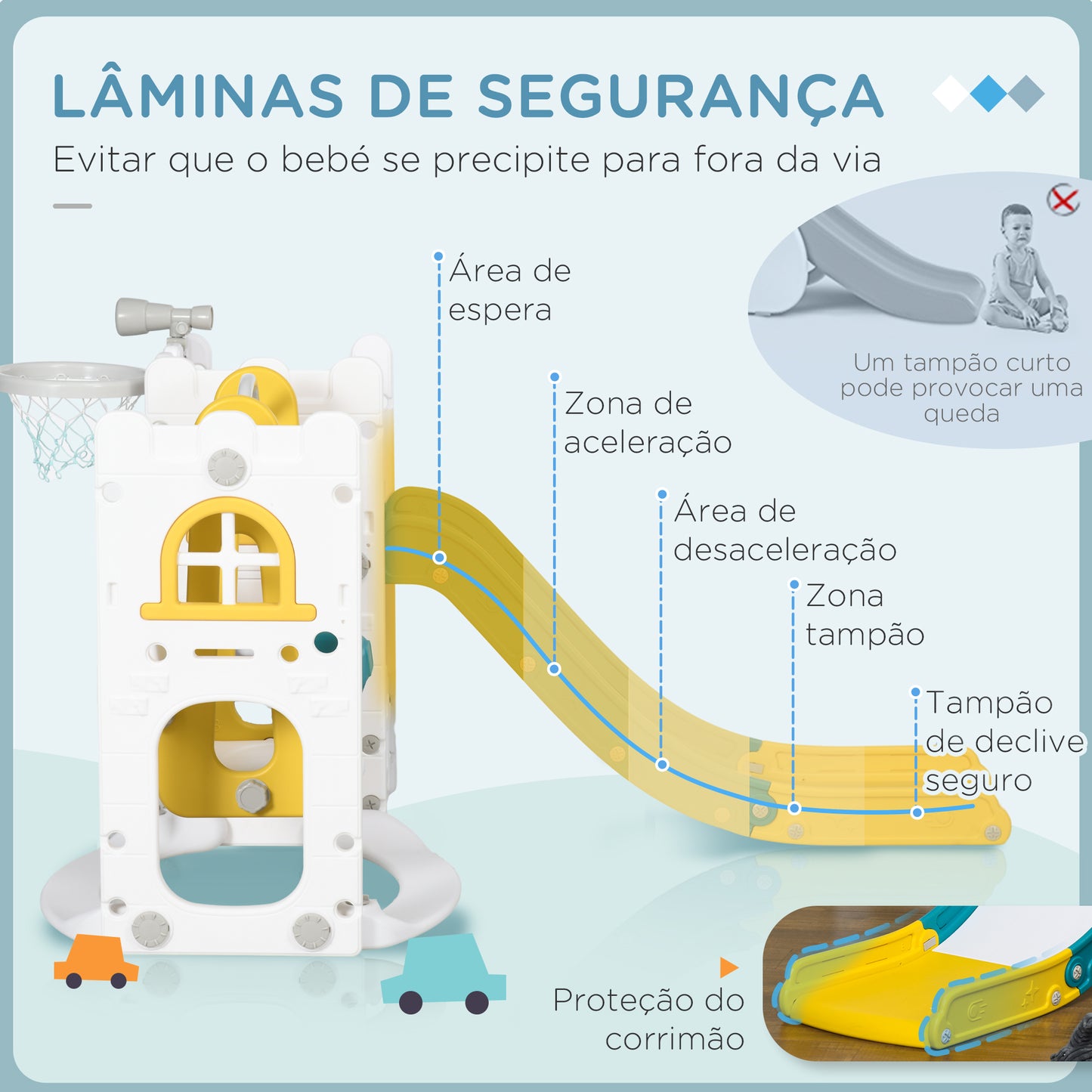 AIYAPLAY Escorrega Infantil 6 em 1 Parque para Crianças com Baloiço e Escorrega Telescópio Tabela de Basquetebol Espaço de Armazenamento para Interior Multicor