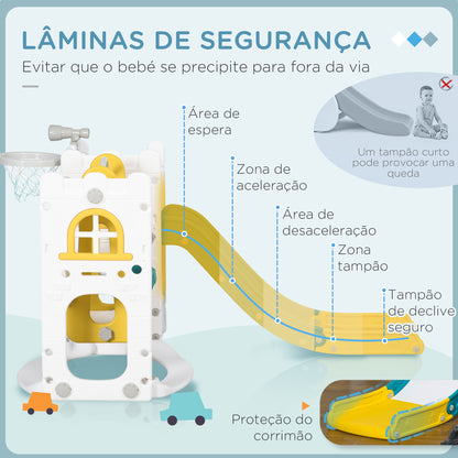 AIYAPLAY Escorrega Infantil 6 em 1 Parque para Crianças com Baloiço e Escorrega Telescópio Tabela de Basquetebol Espaço de Armazenamento para Interior Multicor