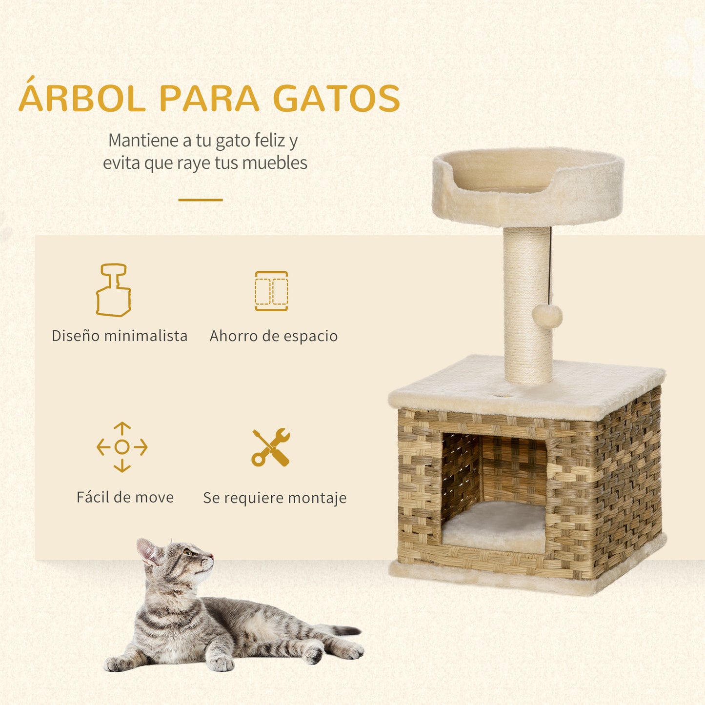 PawHut Árvore para Gatos Altura 69cm com Caverna de Vime Sintético Almofada Lavável Cama Superior Poste Arranhador de Sisal e Bola Suspensa 36x36x69cm Bege