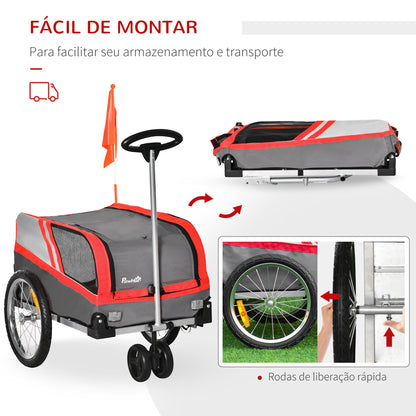 PawHut Reboque de Bicicleta para Cães 2 em 1 Carrinho para Animais de Estimação com Porta Enrolável Cinto de Segurança Bandeira e Refletores 130x64x92cm Vermelho e Cinza