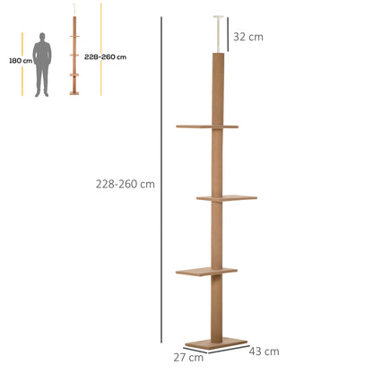 PawHut Arranhador para Gatos de Chão ao Teto 43x27x228-260 cm Torre para Gatos com Altura Ajustável 4 Plataformas e Poste de Sisal Marrom Claro