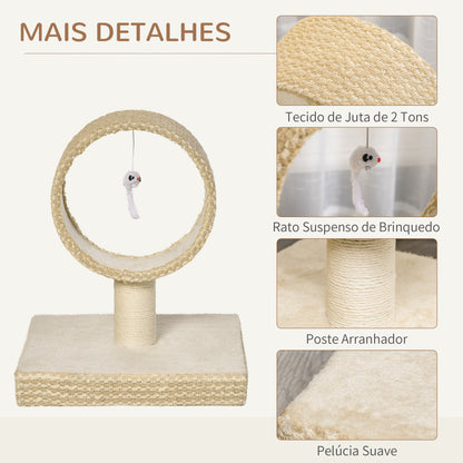 PawHut Árvore para Gatos Pequenos Torre de Arranhar de Gato com Túnel Superior Poste Arranhador de Juta Natural e Brinquedo Suspenso 61x41x50cm Bege