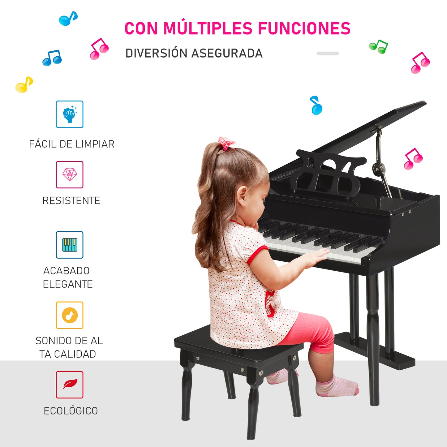 HOMCOM Piano de Cauda Infantil com 30 Teclas Banco Suporte de Partituras Piano para Crianças de MDF Instrumento Musical Educativo 52x50x49cm Preto