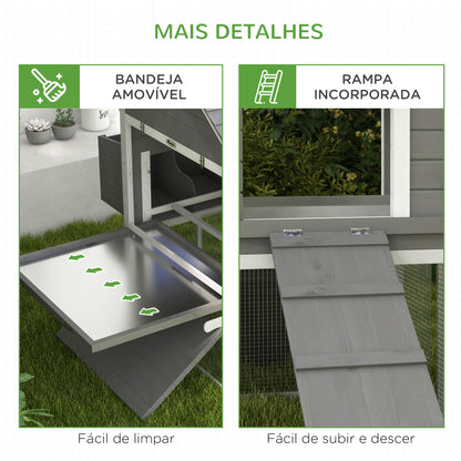 PawHut Galinheiro Grande de Madeira 310,5x149,5x149 cm Gaiola para Galinhas com 2 Janelas Portas Ninho Bandeja Amovível e Rampa para Exterior Cinza