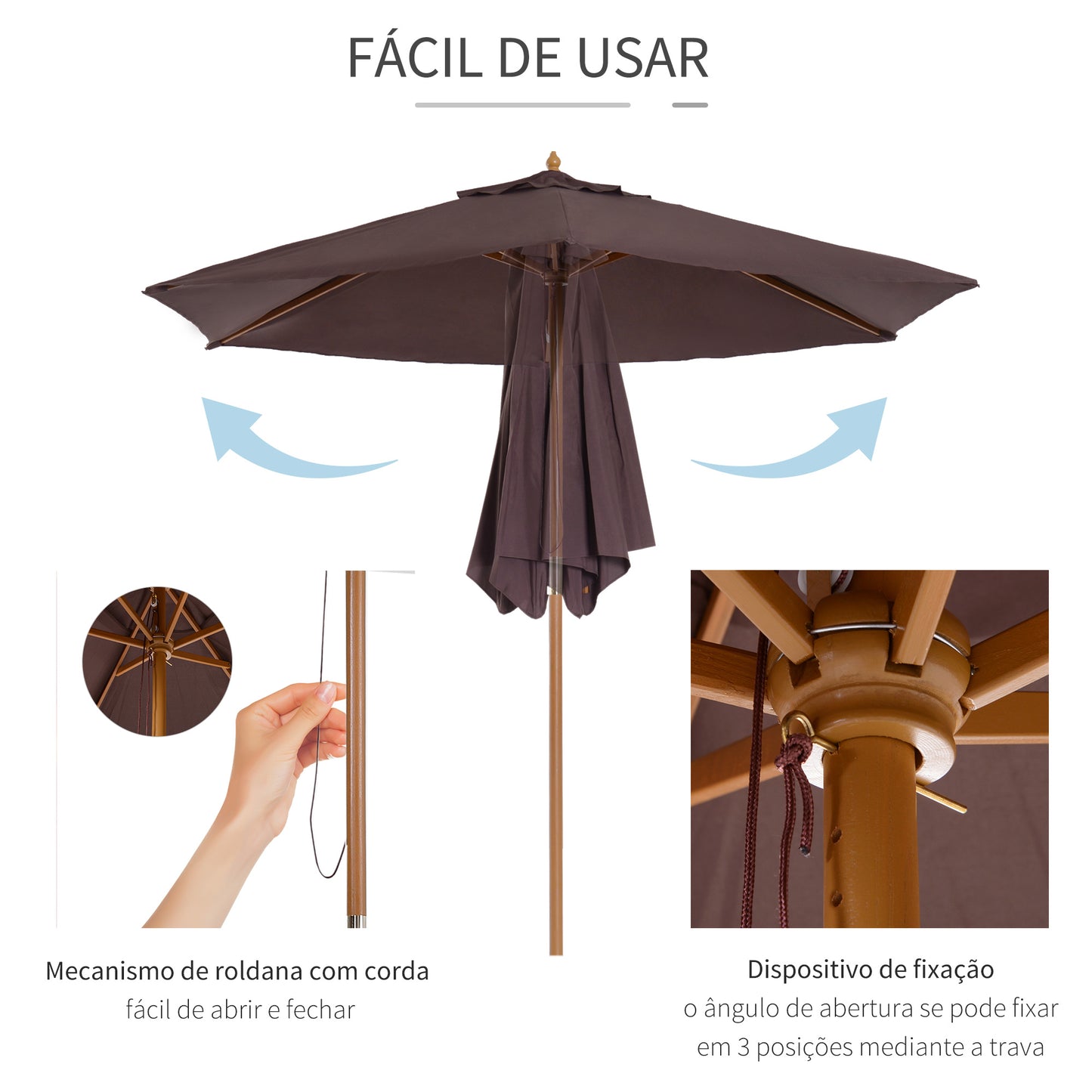 Outsunny Chapéu de Sol Ø250x230cm Chapéu de Sol com Mastro de Madeira com 6 Hastes Sistema de Polia com Fixação para Jardim Pátio Terraço Marrom