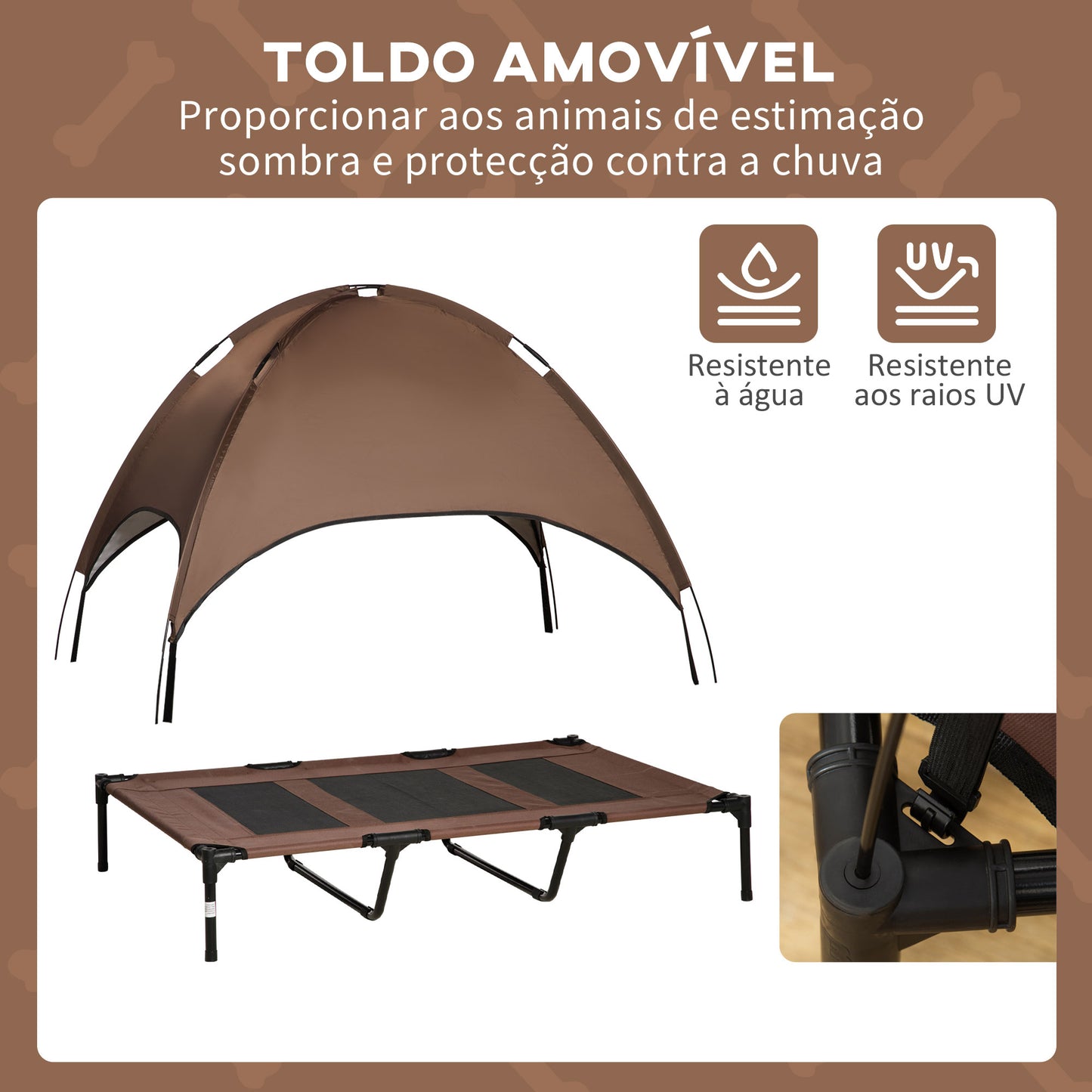 PawHut Cama Elevada para Animais de Estimação Portátil com Toldo Amovível Tecido Respirável para Interior e Exterior 122x92x108cm Marrom