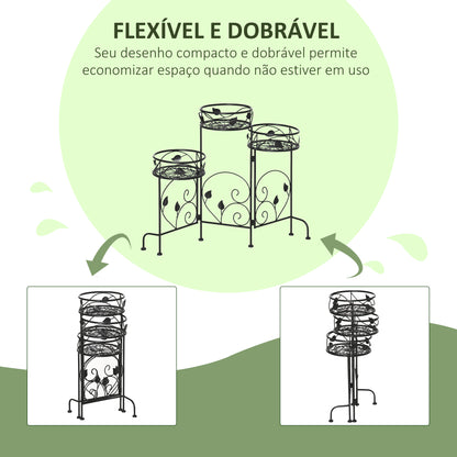 Outsunny Suporte de Metal para Plantas Suporte Dobrável para Flores com 3 Prateleiras Decoração de Interior Exterior para Jardim Terraço Balcão 74x23x62cm Preto