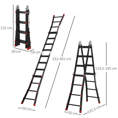 HOMCOM Escada Telescópica de Alumínio 4 m Escada Extensível Dobrável com 4 Degraus Ajustáveis e 2 Formas Escada Multiuso Carga 150 kg Preto e Vermelho