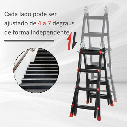 HOMCOM Escada Telescópica de Alumínio 4 m Escada Extensível Dobrável com 4 Degraus Ajustáveis e 2 Formas Escada Multiuso Carga 150 kg Preto e Vermelho