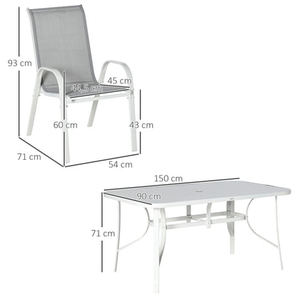 Outsunny Conjunto de Jardim Refeição de 7 Peças Jogo de Mesa e 6 Cadeiras para Terraço com Tampo de Vidro Cinza