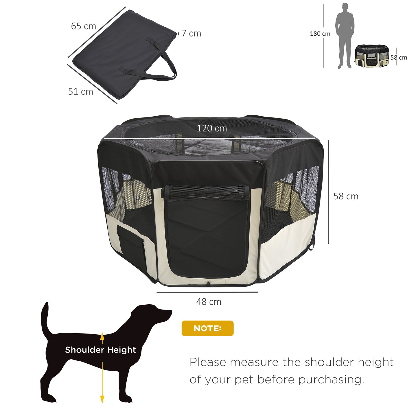 PawHut Parque Dobrável para Cães e Gatos Parque para Animais de Estimação com 2 Portas e Almofada Tecido Oxford Ø120x58 cm Preto