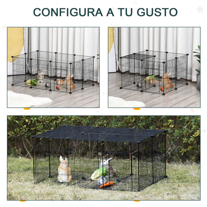 PawHut Recinto para Animais de Estimação DIY Recinto para Pequenos Animais com 22 Painéis e Porta Recinto Modular para Coelhos 105x70x45 cm Preto