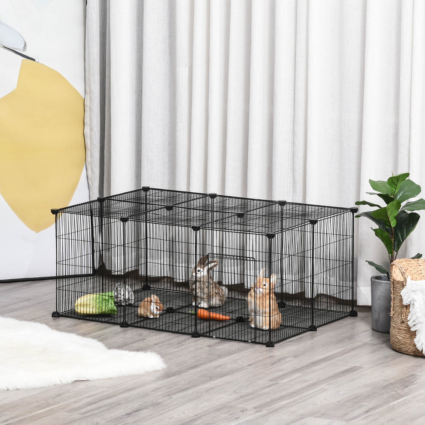 PawHut Recinto para Animais de Estimação DIY Recinto para Pequenos Animais com 22 Painéis e Porta Recinto Modular para Coelhos 105x70x45 cm Preto