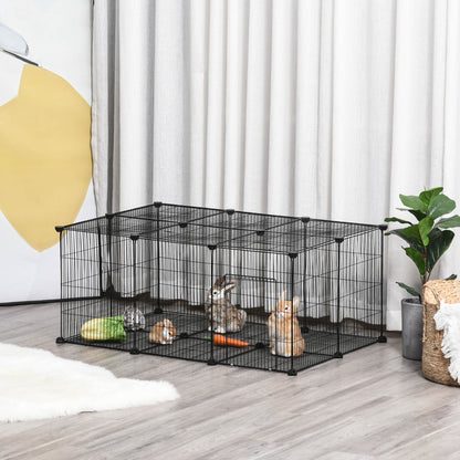 PawHut Recinto para Animais de Estimação DIY Recinto para Pequenos Animais com 22 Painéis e Porta Recinto Modular para Coelhos 105x70x45 cm Preto