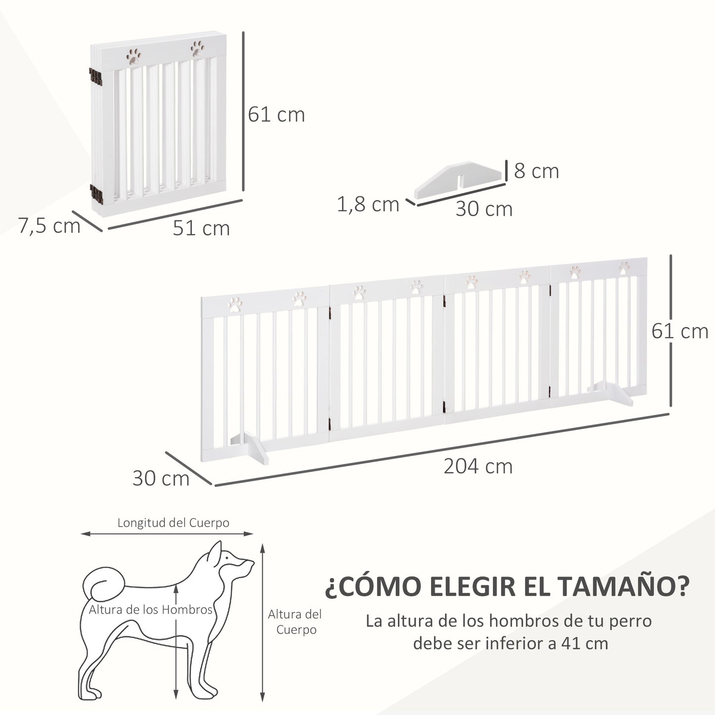 PawHut Barreira de Segurança Dobrável para Cães Grade de Proteção de 4 Painéis com Pés para Portas Escadas Corredor 204x30x61cm Branco