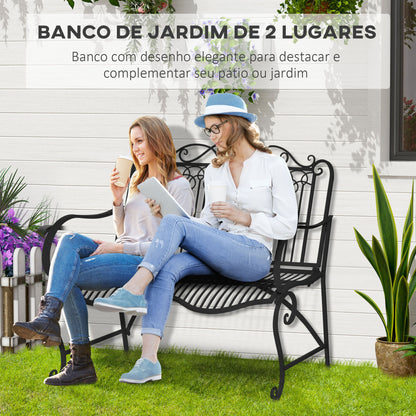 Outsunny Banco de Jardim de 2 Lugares 110x60x97cm Banco de Exterior de Metal com Encosto Decorativo e Apoio para os Braços para Terraço Balção 200kg Preto