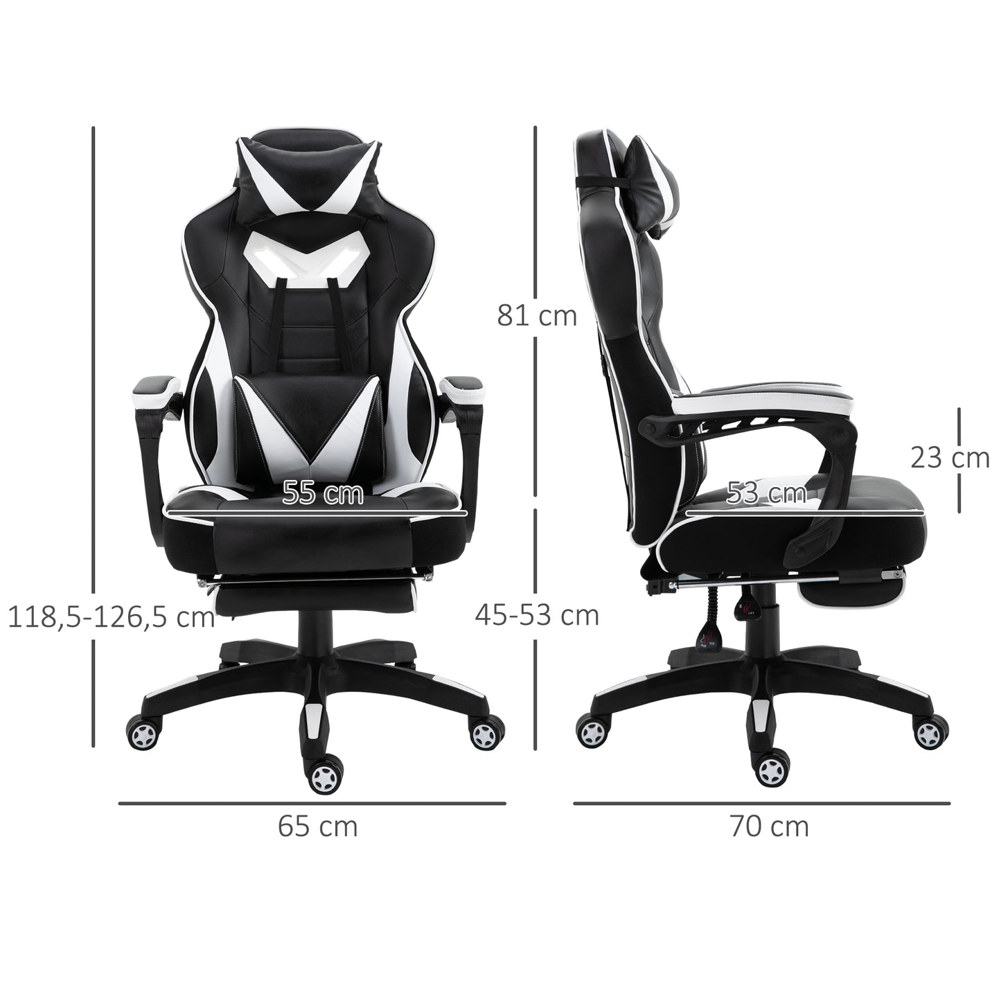 Vinsetto Cadeira de escritorio gaming ergonômica Altura ajustável Reclinável Encosto com apoio para pés Encosto de cabeça Almofada lombar Rodas 65x70x118,5-126,5 cm Branco e Preto