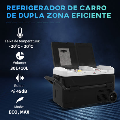 HOMCOM Geleira Elétrica de Compressor Portátil 40L com Dupla Zona Refrigeradora para Carro -20℃-20℃ 12 / 24V DC e 100-240V AC com Luz LED e Alça Telescópica para Viagens 80x47,5x46,6 cm Preto