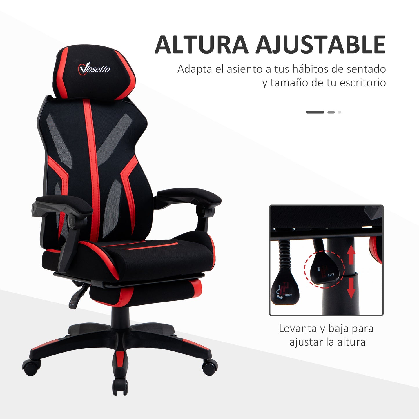 Vinsetto Cadeira de Gaming com Apoio para os Pés Retrátil Cadeira de Escritório Reclinável com Apoio para a Cabeça e Altura Ajustável 65x65x119-129cm Preto e Vermelho