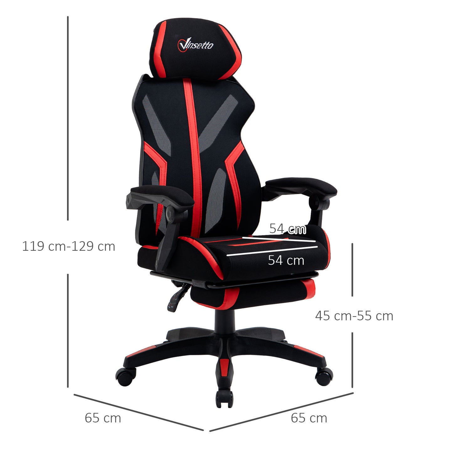 Vinsetto Cadeira de Gaming com Apoio para os Pés Retrátil Cadeira de Escritório Reclinável com Apoio para a Cabeça e Altura Ajustável 65x65x119-129cm Preto e Vermelho