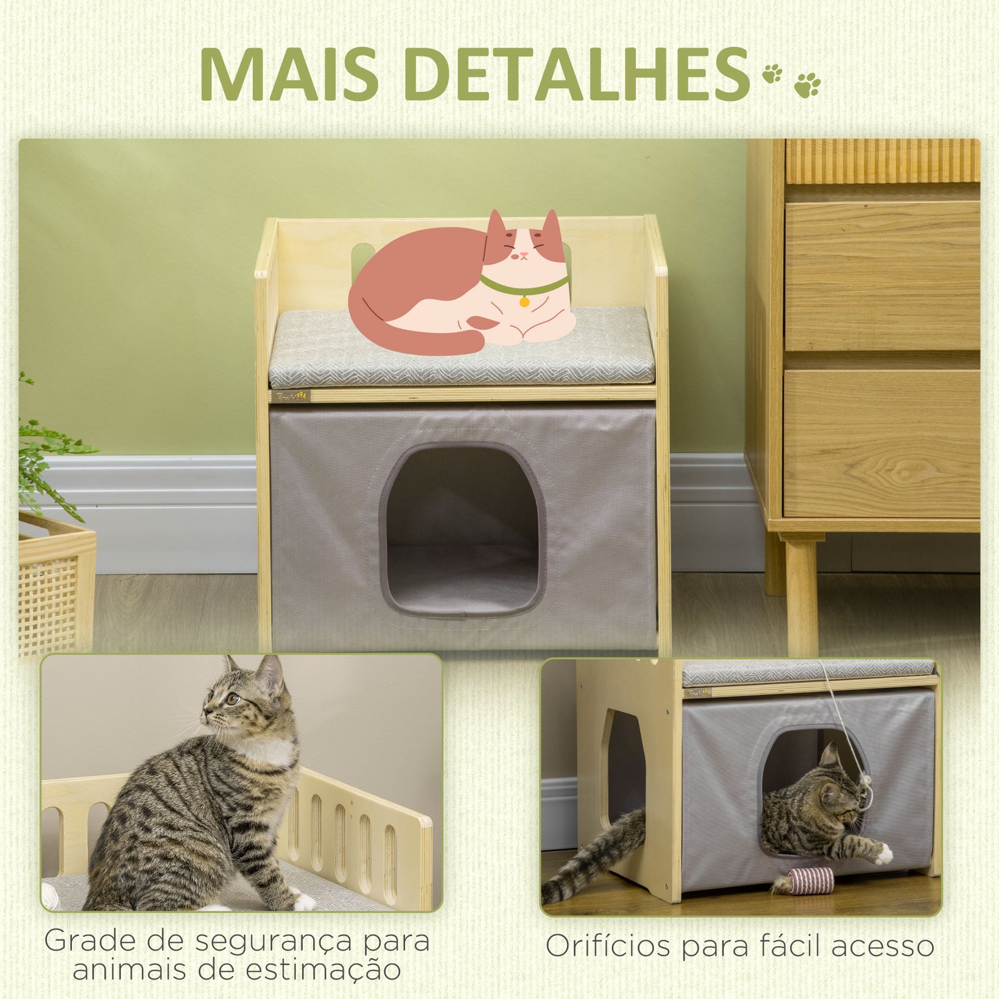 PawHut Casa para Gatos de Madeira Cama para Gatos com 2 Almofadas e Cobertura de Tecido Oxford Amovível 48x38x47cm Madeira e Cinza