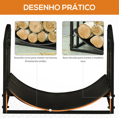 Outsunny Suporte para Lenha Estante para Lenha Lenheiro de Metal com Prateleira Curva Carga 60 kg para Interior e Exterior 60,5x36x46,5 cm Preto