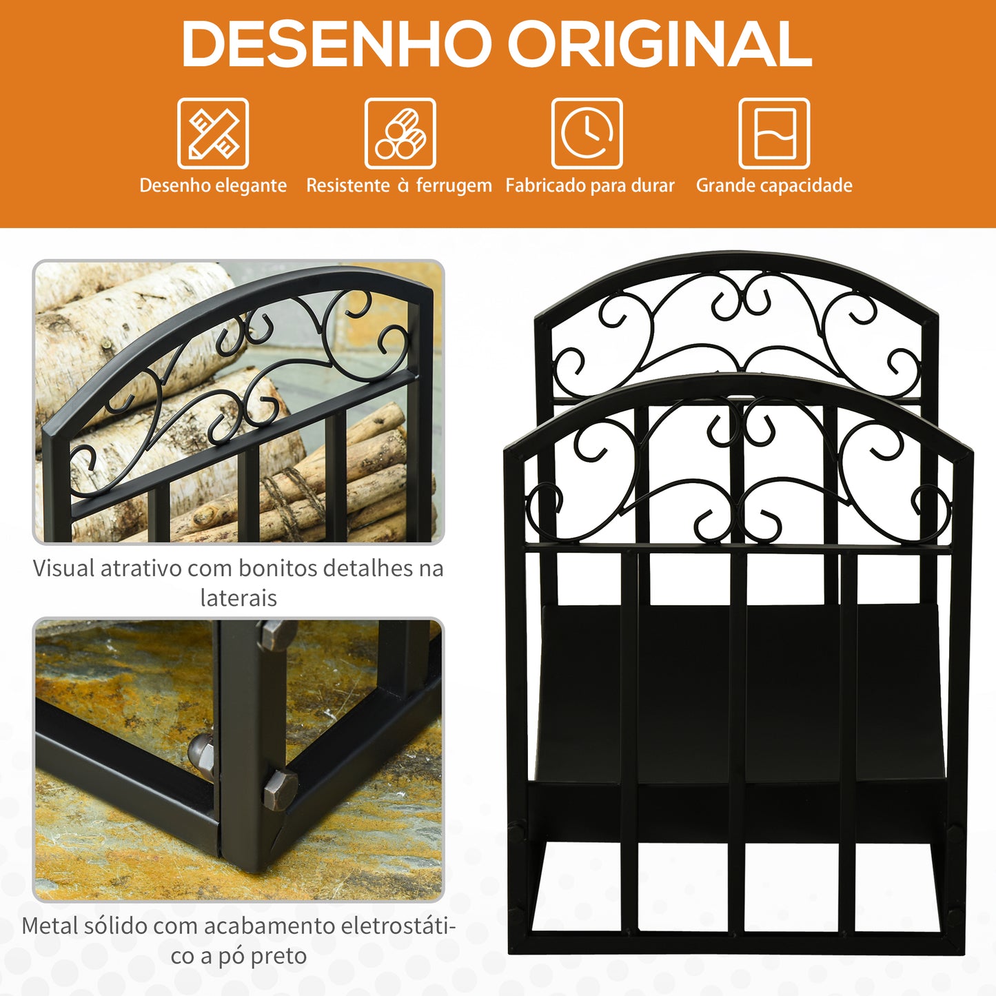 Outsunny Suporte para Lenha Estante para Lenha Lenheiro de Metal com Prateleira Curva Carga 60 kg para Interior e Exterior 60,5x36x46,5 cm Preto