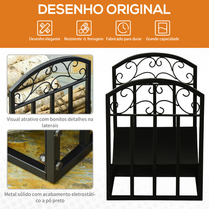 Outsunny Suporte para Lenha Estante para Lenha Lenheiro de Metal com Prateleira Curva Carga 60 kg para Interior e Exterior 60,5x36x46,5 cm Preto