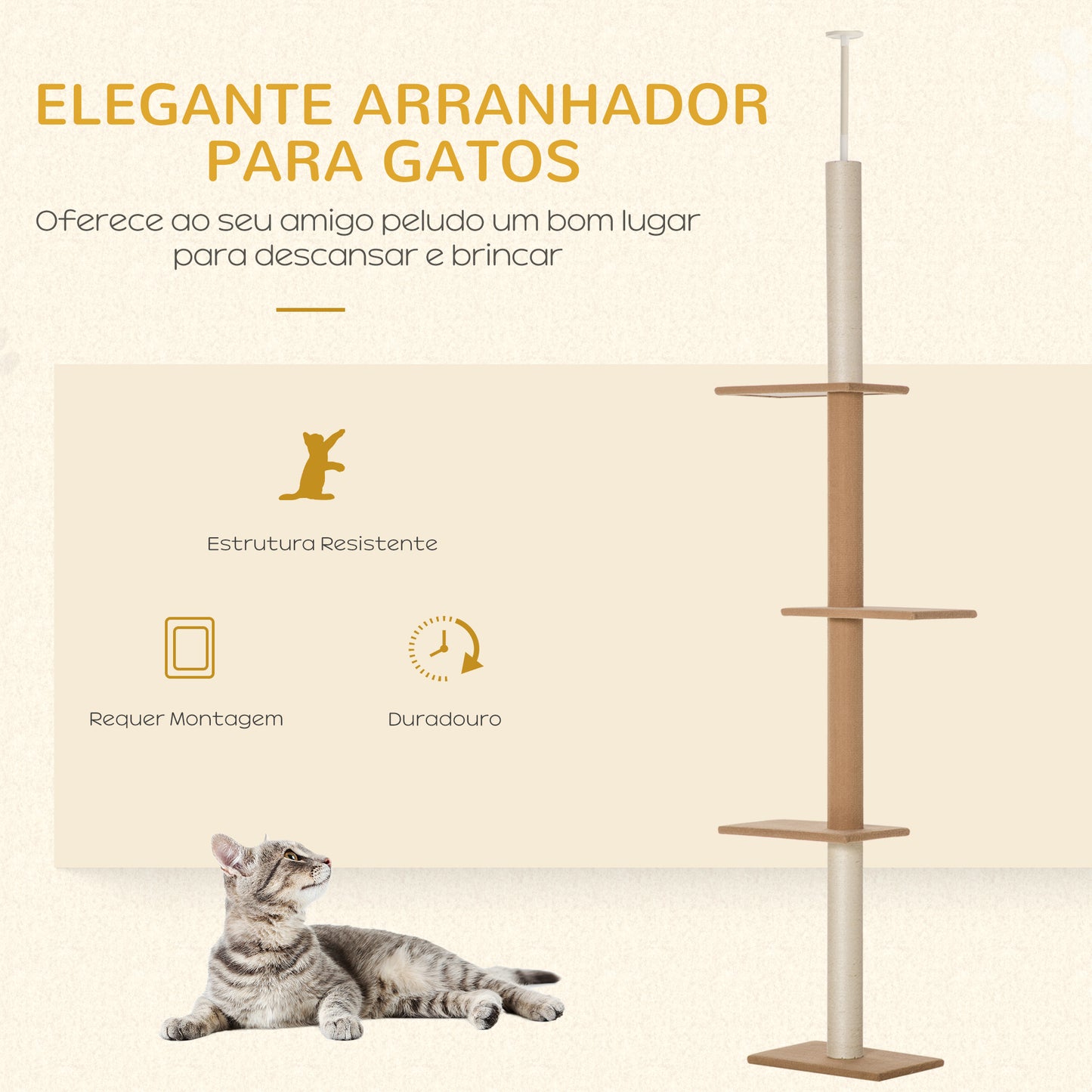 PawHut Arranhador para Gatos de Chão ao Teto 43x27x228-260 cm Torre para Gatos com Altura Ajustável 4 Plataformas e Poste de Sisal Marrom Claro