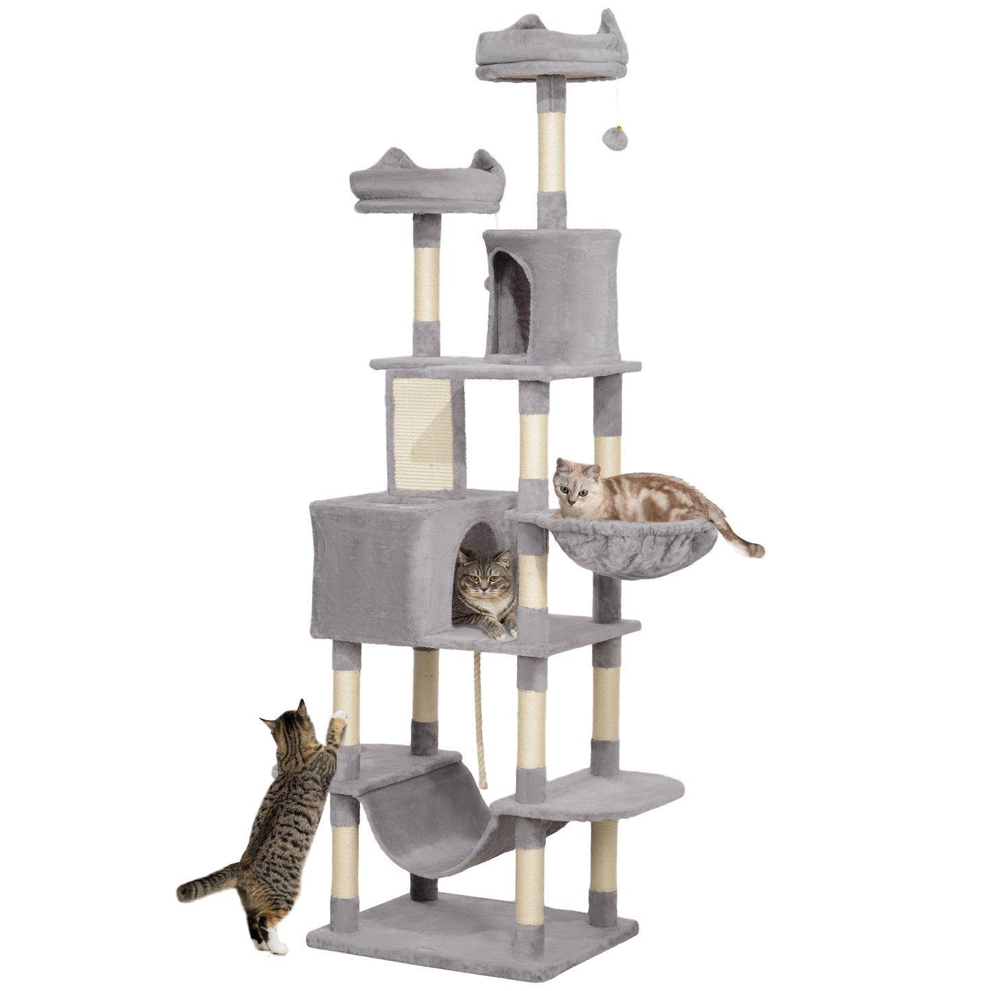 PawHut Arranhador para Gatos Grande Altura 173 cm Arranhador para Gatos Torre para Gatos com Plataformas Caverna Bolas Suspensa e Rede Cinza Claro