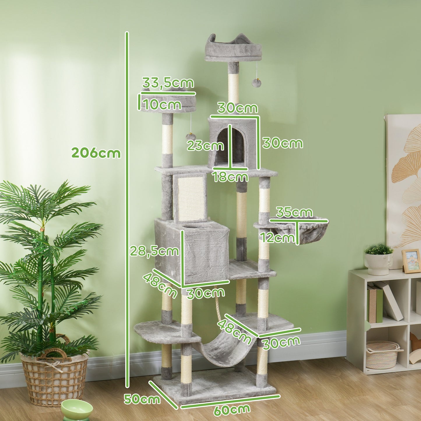 PawHut Arranhador para Gatos Grande Altura 173 cm Arranhador para Gatos Torre para Gatos com Plataformas Caverna Bolas Suspensa e Rede Cinza Claro