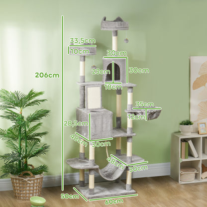 PawHut Arranhador para Gatos Grande Altura 173 cm Arranhador para Gatos Torre para Gatos com Plataformas Caverna Bolas Suspensa e Rede Cinza Claro