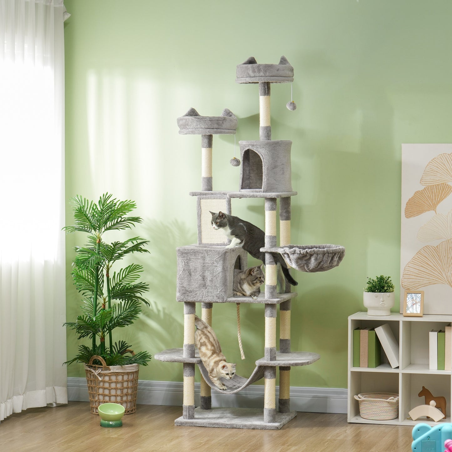 PawHut Arranhador para Gatos Grande Altura 173 cm Arranhador para Gatos Torre para Gatos com Plataformas Caverna Bolas Suspensa e Rede Cinza Claro