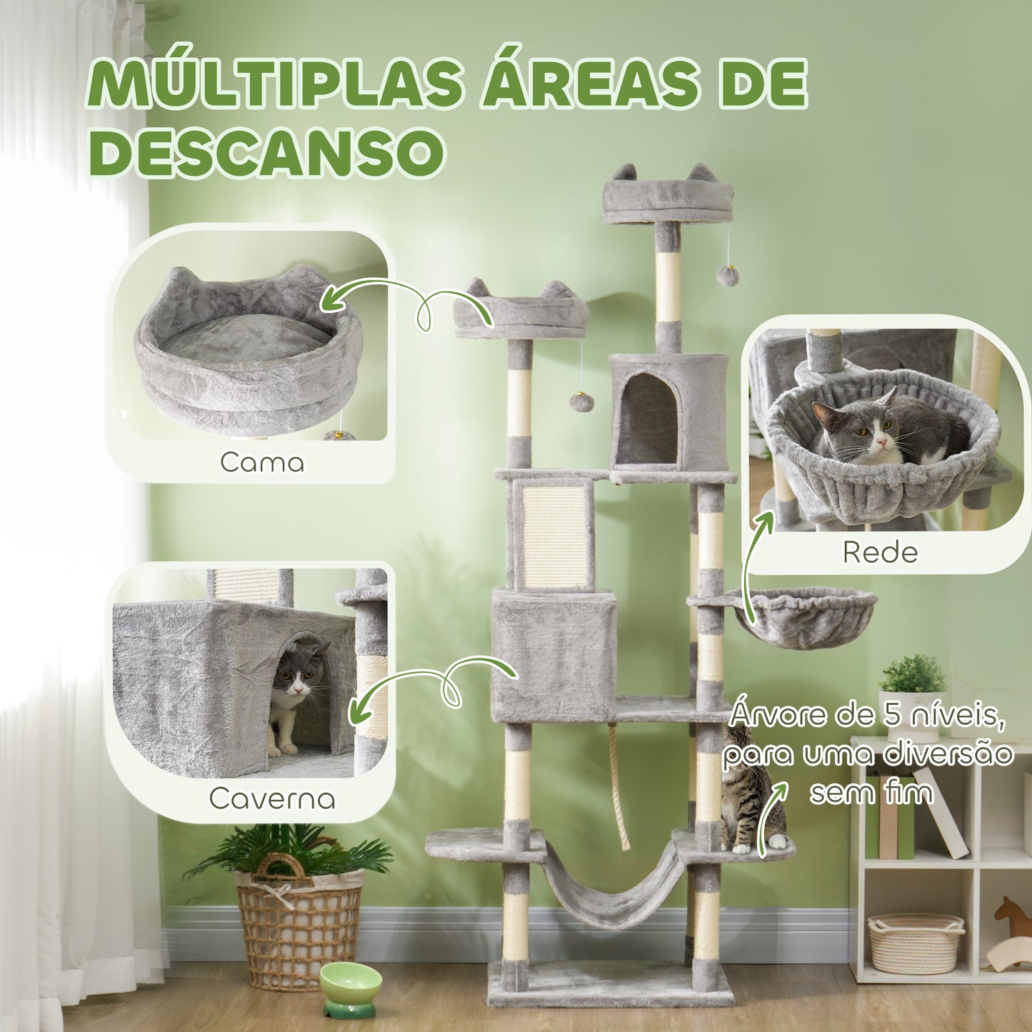 PawHut Arranhador para Gatos Grande Altura 173 cm Arranhador para Gatos Torre para Gatos com Plataformas Caverna Bolas Suspensa e Rede Cinza Claro