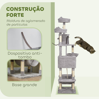 PawHut Arranhador para Gatos Grande Altura 173 cm Arranhador para Gatos Torre para Gatos com Plataformas Caverna Bolas Suspensa e Rede Cinza Claro