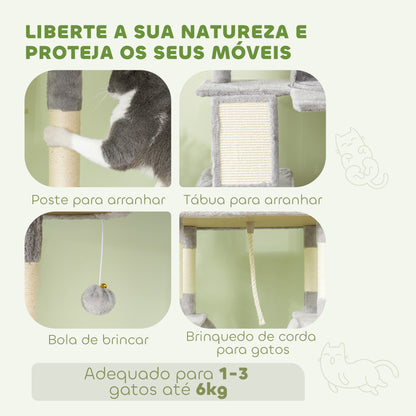 PawHut Arranhador para Gatos Grande Altura 173 cm Arranhador para Gatos Torre para Gatos com Plataformas Caverna Bolas Suspensa e Rede Cinza Claro