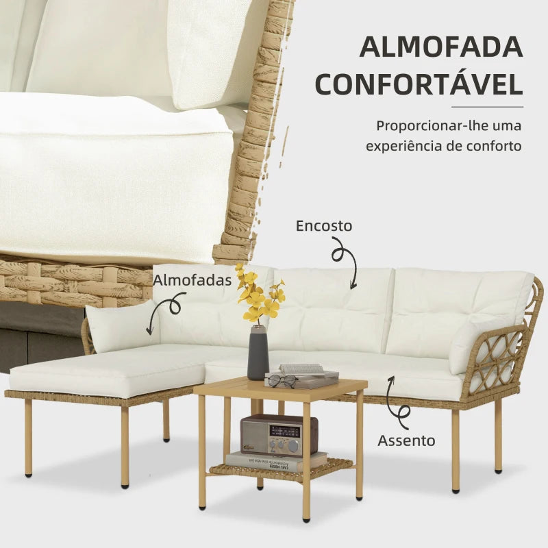 Conjunto Louge de 3 Peças com Sofá de Jardim e Mesa de Centro com Almofadões - Vime PE - Cor Natural e Creme