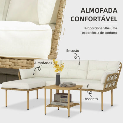 Conjunto Louge de 3 Peças com Sofá de Jardim e Mesa de Centro com Almofadões - Vime PE - Cor Natural e Creme