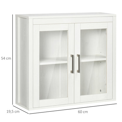 kleankin Armário Casa de Banho de Parede com 2 Portas de Vidro e Prateleira Ajustável Móvel Suspenso de Casa de Banho para Cozinha Dormitório Estilo Moderno 60x19,5x54cm Branco